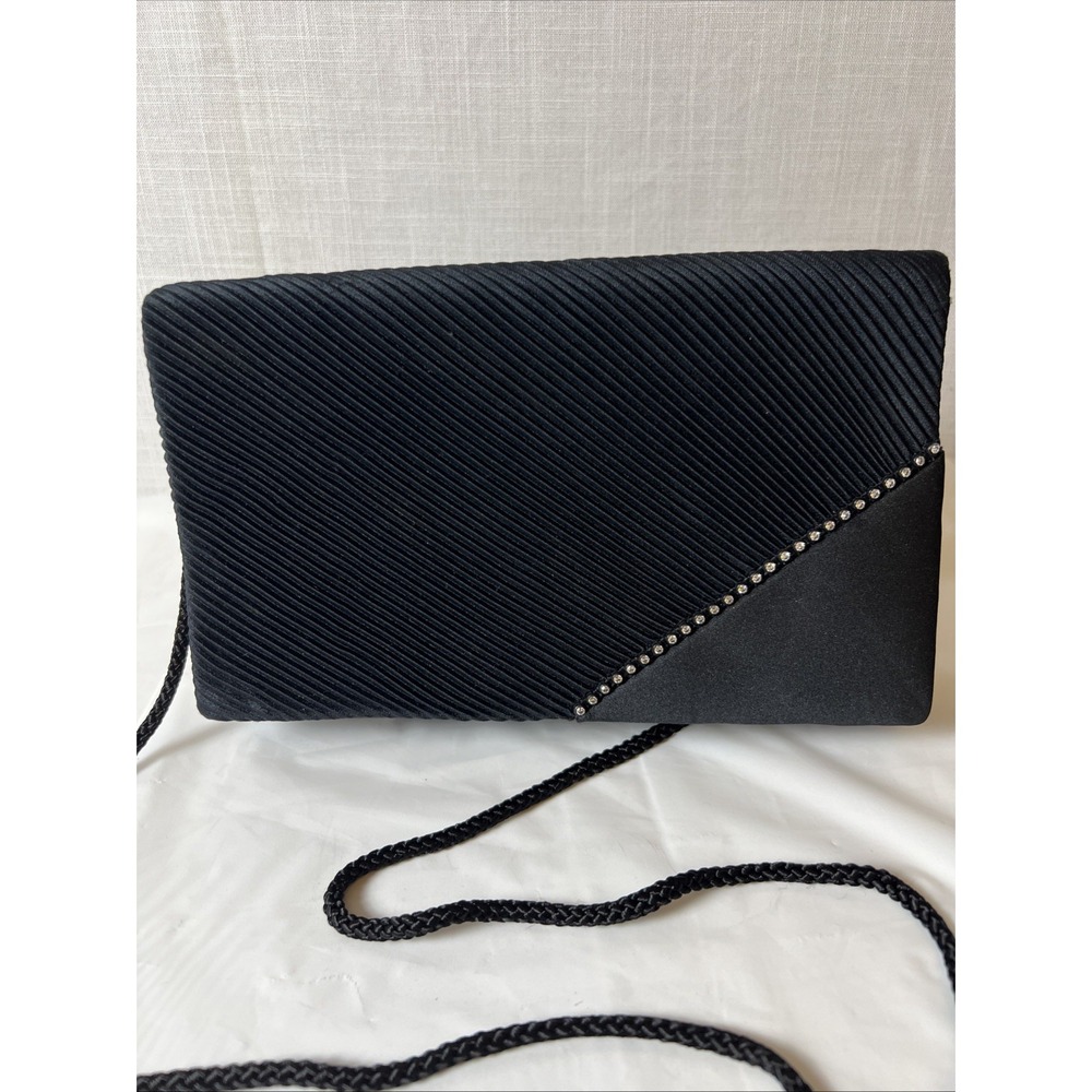 Vintage Black Satin Pleated Evening Bag Clutch Rhinestone Accent Braided Strap